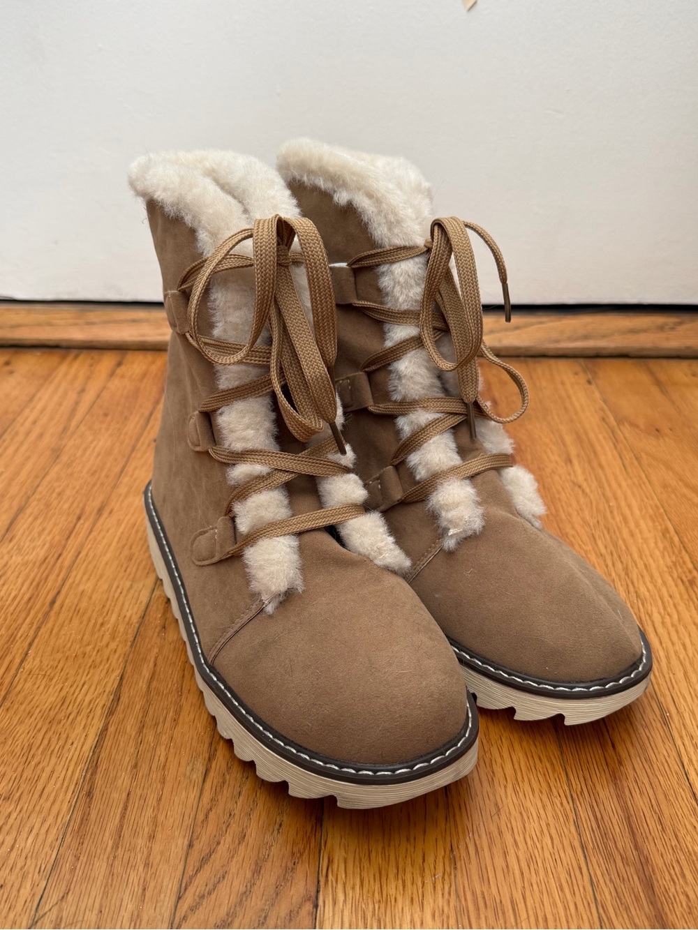 New Women’s Tan Faux-Suede Shearling Lace-Up Boots